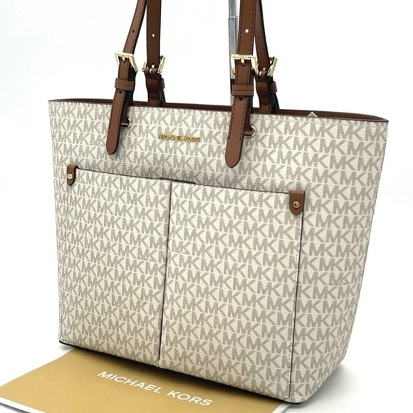 Michael Kors Medium Double Packet Tote Bag Vanilla/Brown - Picture 1 of 12